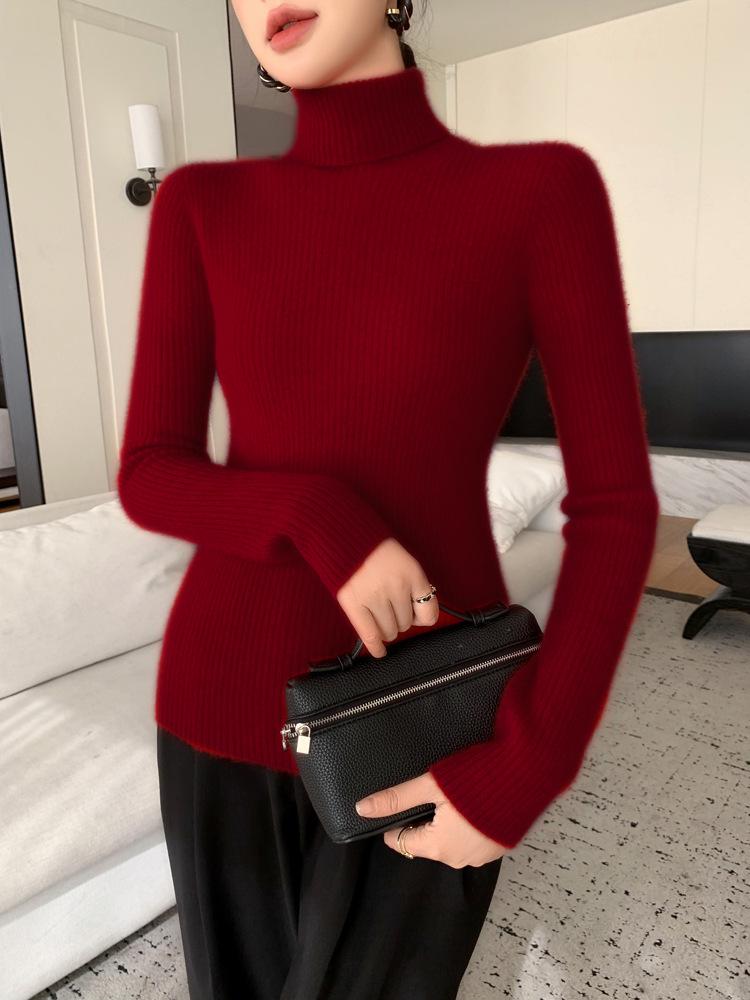 Women's Seamless Cashmere High-Neck Ribbed Sweater, Slim Fit, Body-Shaping, Slouchy Neck, Knit.