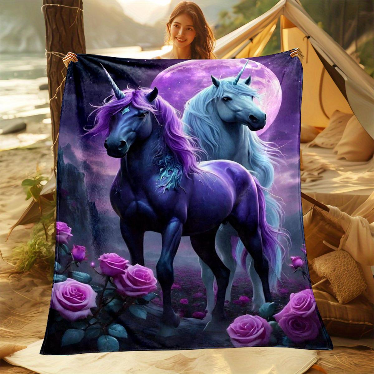Dreamy Moonlight Rose and Unicorn Print Flannel Blanket - Bed, Sofa, Office, Travel, Gift, Decoration, Chair, Comfortable 130x150cm