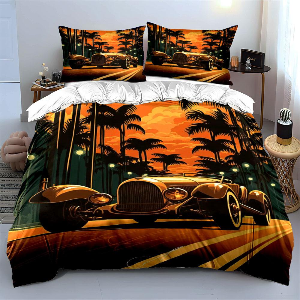 Vintage car, palm trees. Bedding sets Duvet cover sets Duvet covers Pillowcases(1 * Duvet Cover 2 * Pillowcases without duvet insert)
