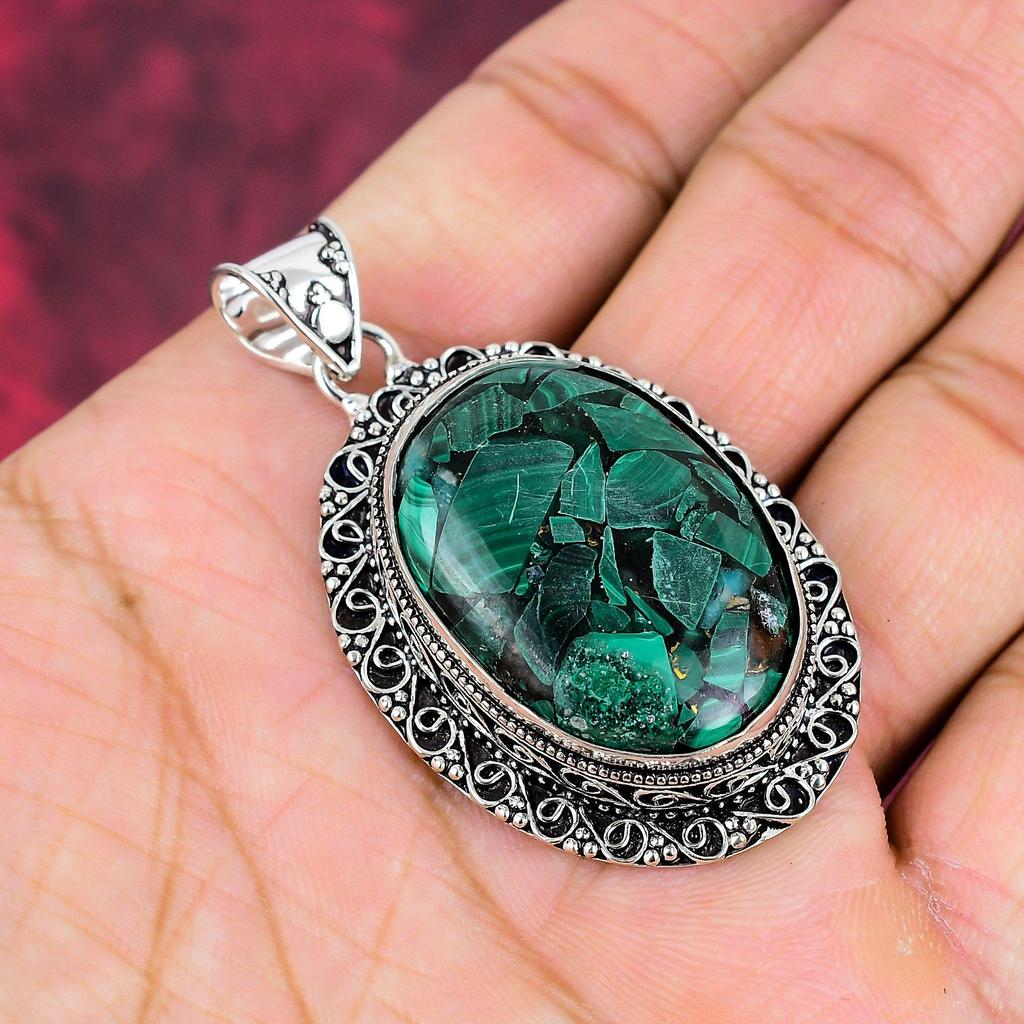 Copper Malachite Pendant Gemstone Jewelry, 925 Solid Sterling Silver Pendant, Handmade Pendant, Gift For Wife Jewelry