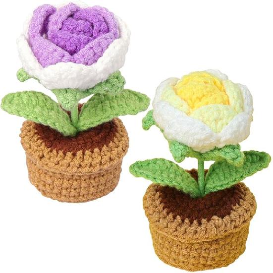 2 Pieces Handmade Crochet Flowers Small Potted Artificial Rose Flowers for Car Dashboard Home Office Table Centerpiece Shelf Decor,Gradient Gradient Purple+yellow