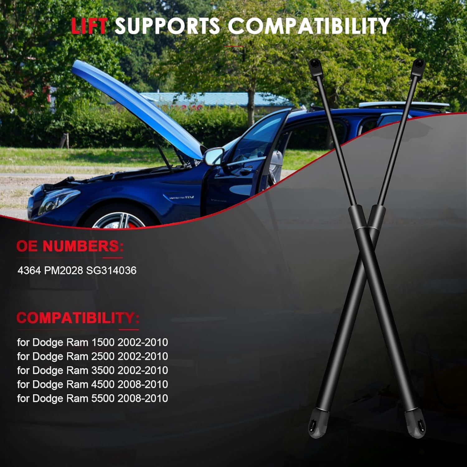 2PCS Front Hood Lift Support Struts Shocks for 2002-2010 for Dodge Ram 1500 2500 3500, 2008-2010 for Dodge Ram 4500 5500, Replaces 4364 PM2028