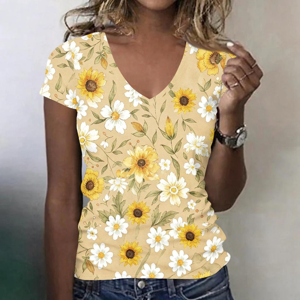 Women V Neck Short Sleeve Floral Print T Shirt Casual Loose Fit Lightweight Comfortable Top for Daily Wear