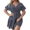 Women's Large-sized V-neck Lace-edged Short-sleeved Wrap-around Printed Dress