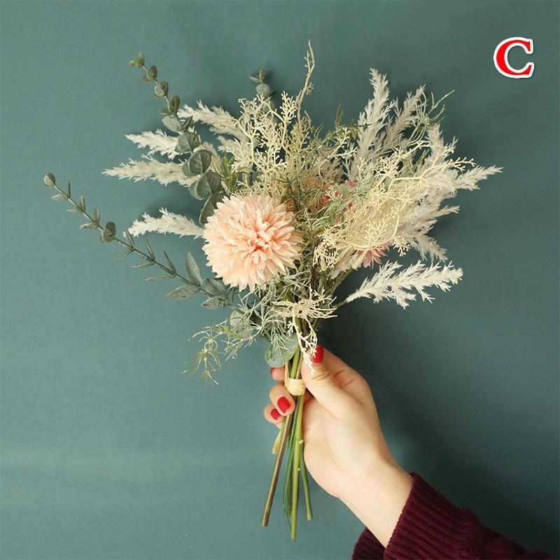 Artificial Flowers Bouquet for Home Party Decoration Wedding Bouquet Flowers Bulrush Silk Hydrangea Fake Flowers