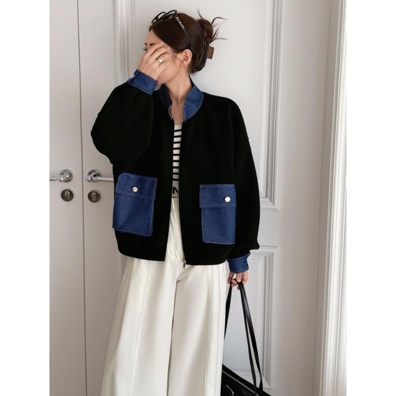 Autumn and Winter New Splicing Denim Knitted Double-sided Cardigan Design Sense Loose Zipper Sweater Jacket Women