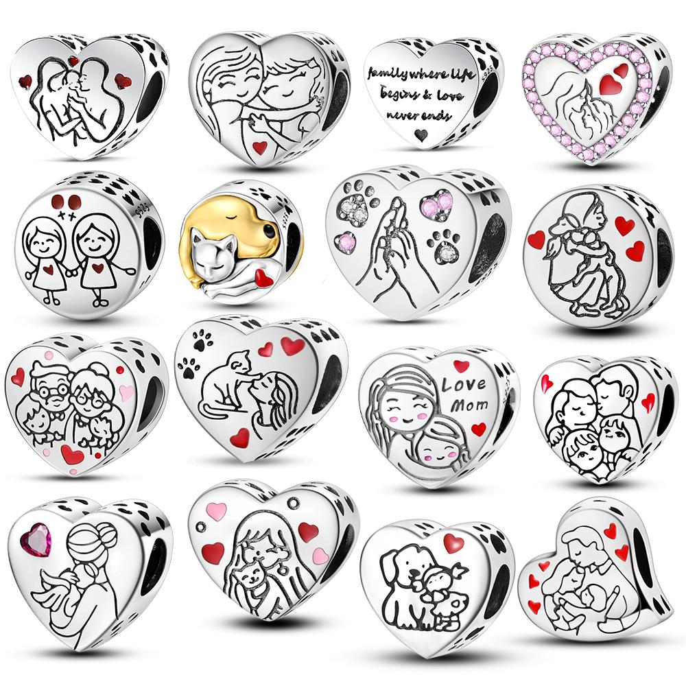 Copper Charms Love Mother Family Sister Heart Beads Fit Original Bracelet Diy Woman Jewelry Gift
