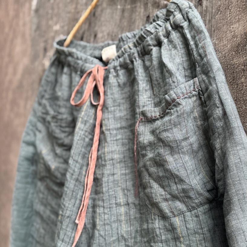 Johnature Women Vintage Striped Wide Leg Pants Patchwork Pockets Elastic Waist Trousers Autumn Loose Belt Pants