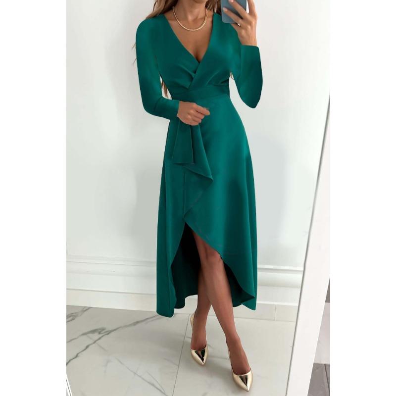 Autumn and Winter Long-sleeved V-neck Pleated Hem Split Dress, Ladies High-waisted Temperament Holiday Conference Evening Dress Elegant ST22117