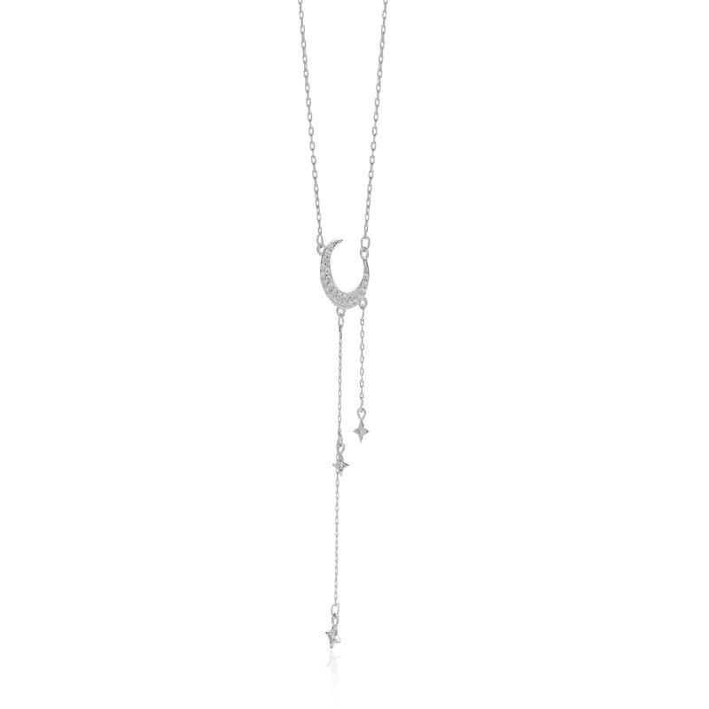 Su Chuang S925 Silver Moon & Star Tassel Necklace: Rhinestone-Inlaid Crescent Collarbone Chain for Women, Light Luxury Design