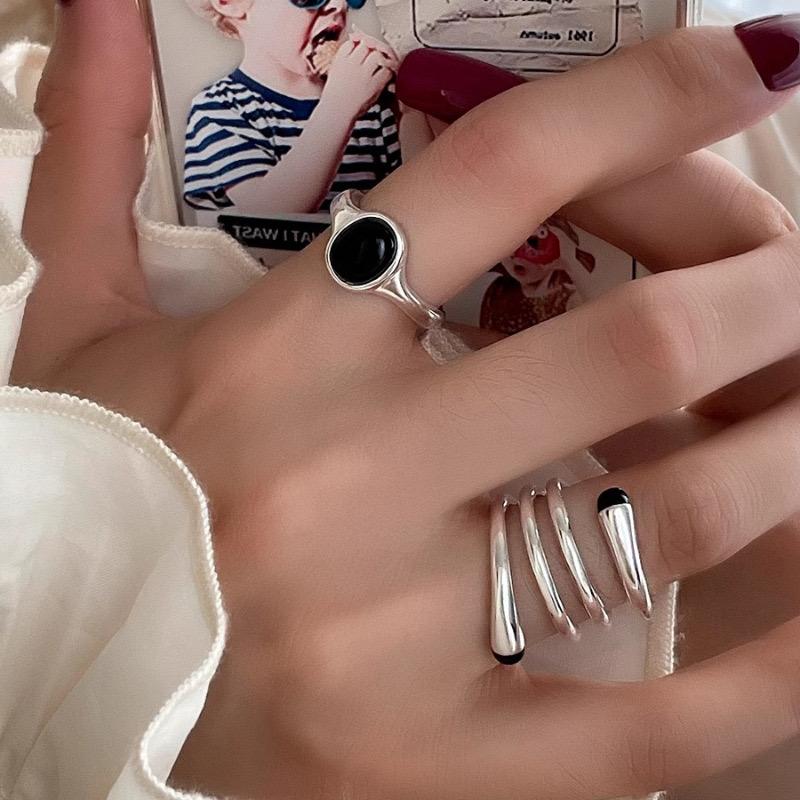 BF CLUB Silver Color Rings for Women Fashion Geometric Handmade Irregular Black Stone Ring Party Christmas Gift