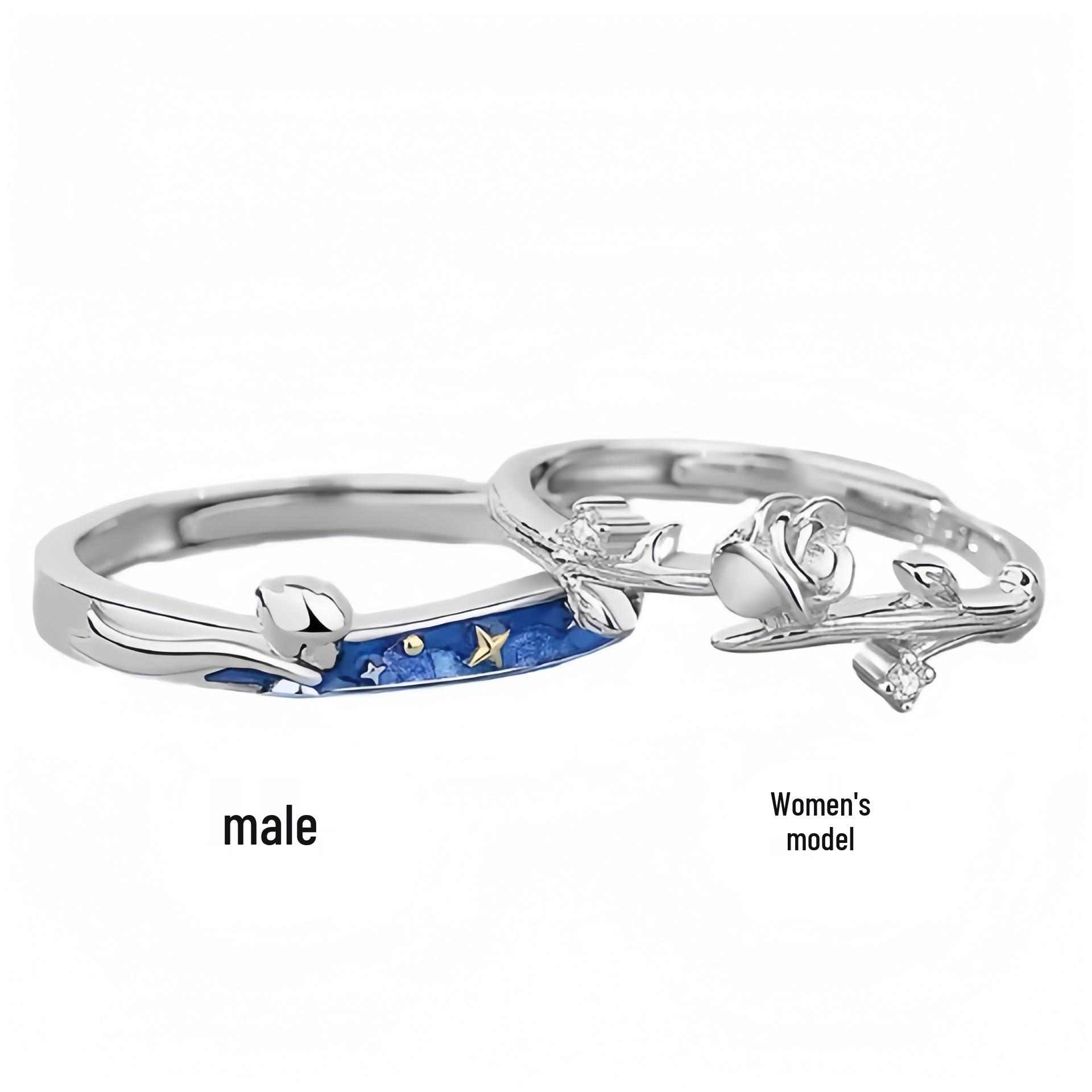 Sterling Silver Little Prince & Rose Couple Rings - Adjustable Light Luxury Niche Pure Silver. Open Adjustable