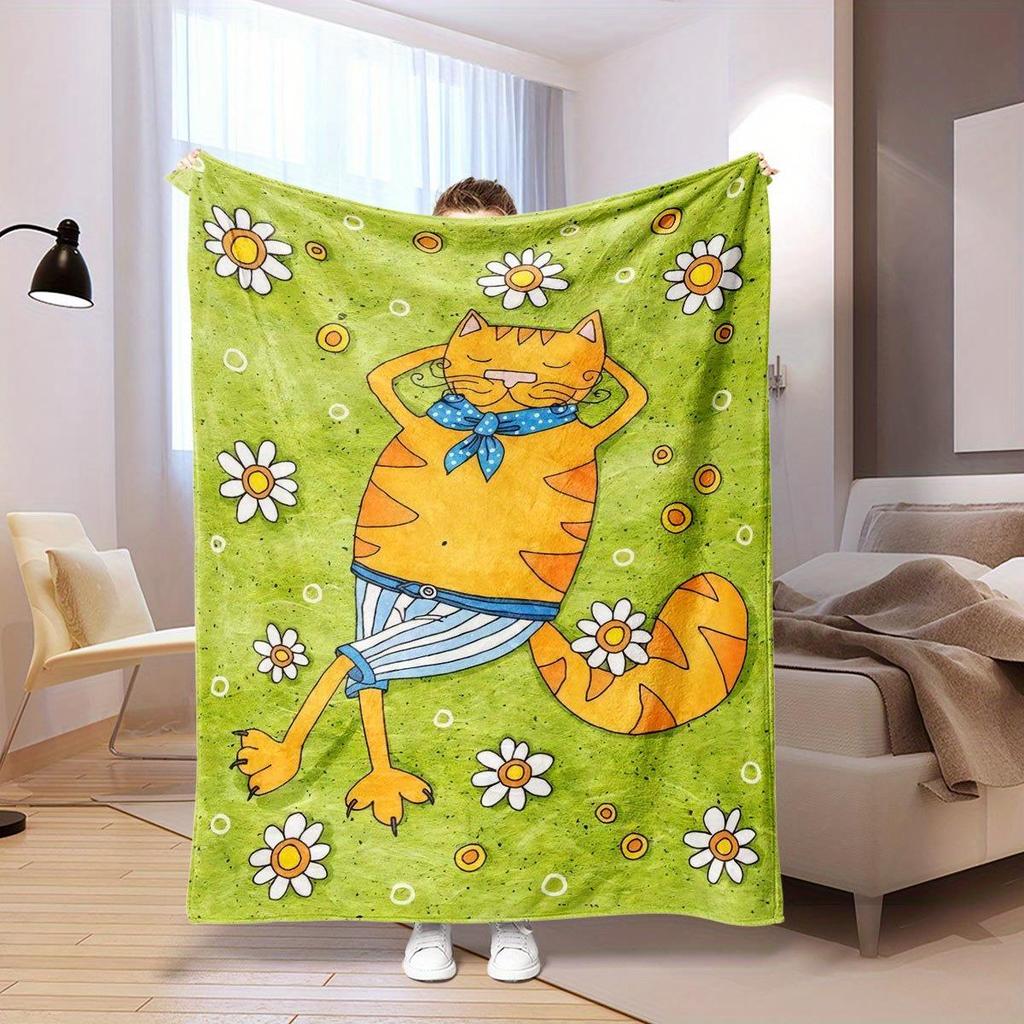 Cartoon cat with floral pattern Flannel printed blanket suitable for all seasons suitable for living room office sofa and travel
