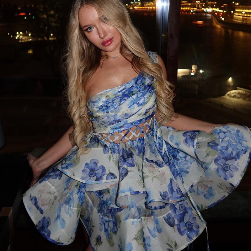 Printed Hollow Out Skew Collar Ruffled Hem Bubble Dress Women Backless High Waist Sleeveless Vacation Dresses Summer Street