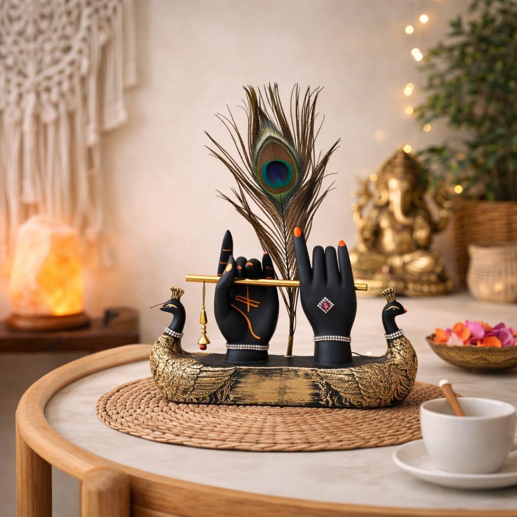 Krishna Hand with Flute & Peacock Feather Idol for Home Decor Gift, Office & Living Room, Peacock