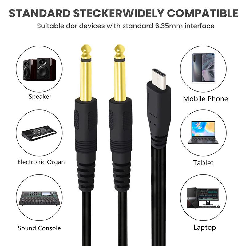1M 1Na2 Typ-C Na Dvojitý 6,35mm Samec TS Audio Kabel USB-C Na 1/4 Palcový Audio Kabel Y Rozbočovač Samec Pro Telefon Laptop Tablet PC