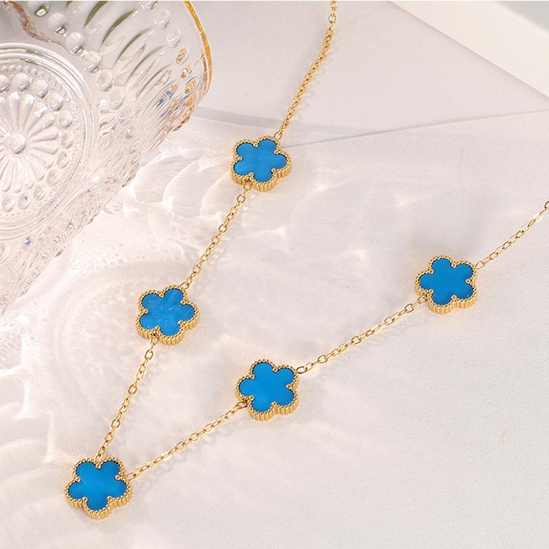 Collier en Acier Inoxydable Plaqué Or 14K Femme Cinq Pétales de Feuille Colliers Double Face pour Femmes Pendentif Fleur Trèfle Bijoux