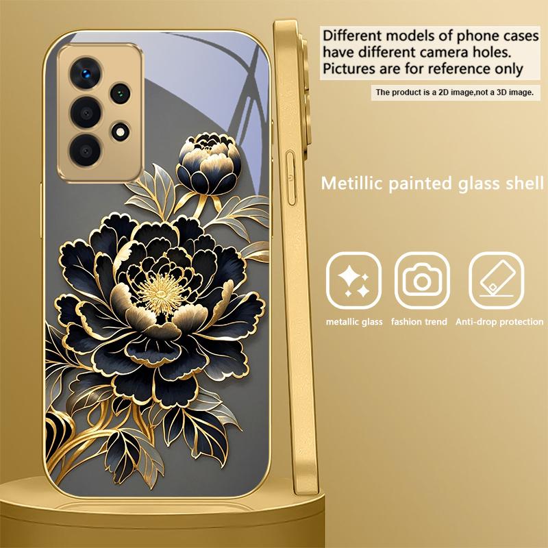 Black Gold Peony Flower For Samsung A 31 32 A33 A34 35 14 A15 13 16 25 26 50 52 53 54 55 56 70 71 72 73 Golden glass phone case