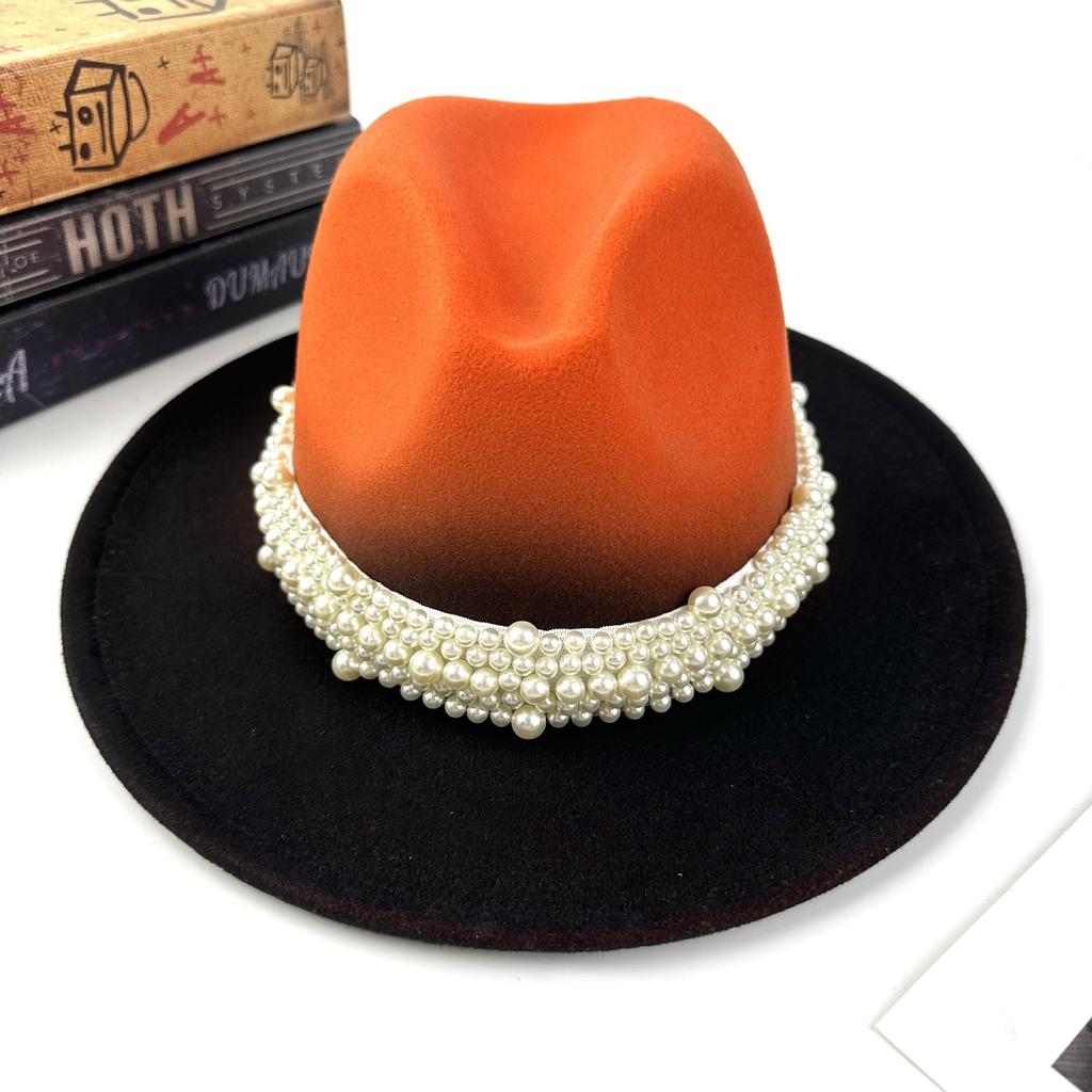 Women's New Fashion Pearl Accessories Woolen Top Hat Color Matching Jazz Hat European and American Style Men's Outdoor Sun Hat