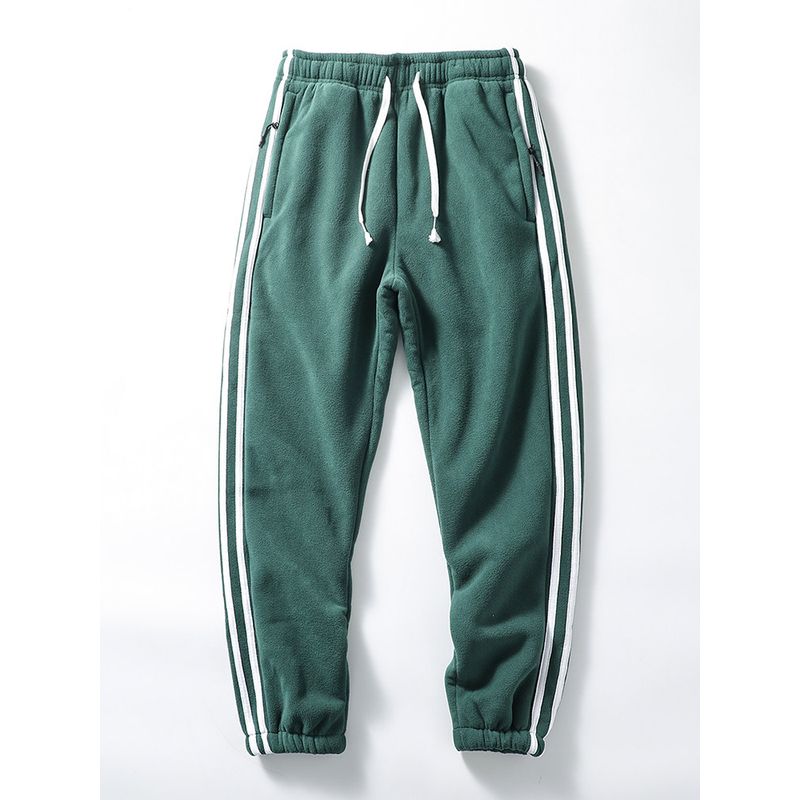 Polar Fleece Pants Men s Winter Fleece-lined Thick Lambskin Extra Thick Three Bars Pants Export Men s Casual Pants Dark green 2XL
