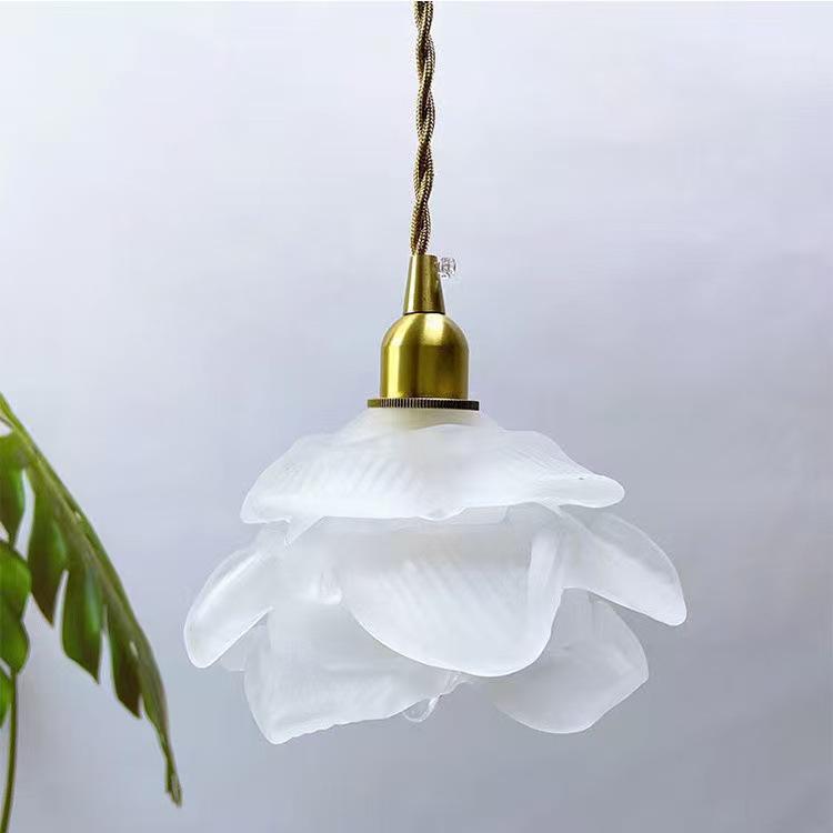 Romantic French Petal Glass Chandelier - Japanese Brass Bar Counter, B&B Living Room, American Retro Bedroom, Bedside Hanging Lamp