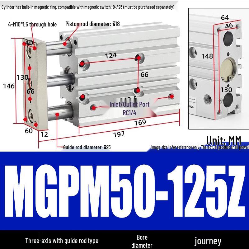 Compact Three-Axis Pneumatic Guided Rod Cylinder 12/16/20/25/32-10/20/40/50/75z