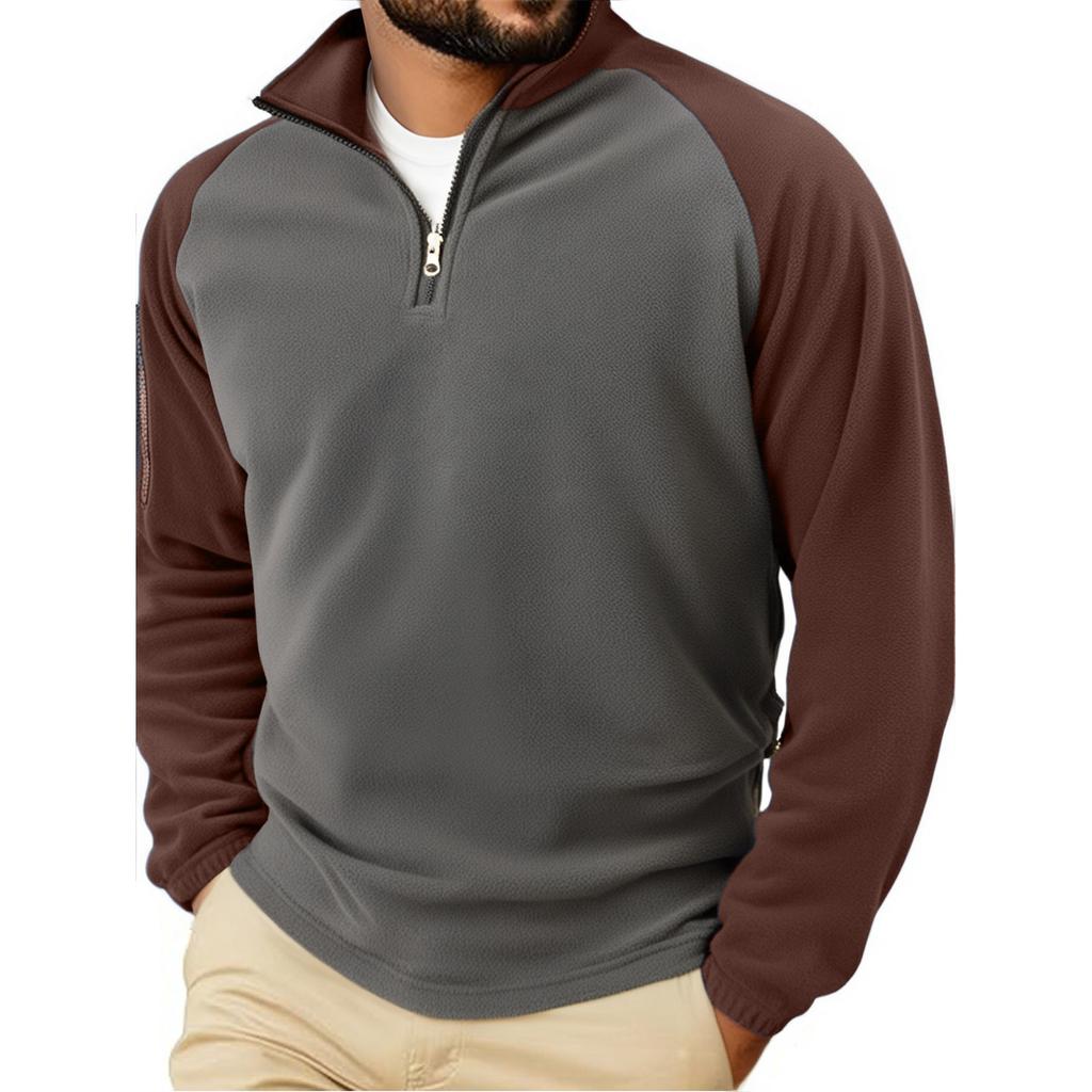 Men's Outdoor Casual Sports Fleece-Lined Warm Stand-Up Collar Pullover Color-Blocked Zipper Hoodie