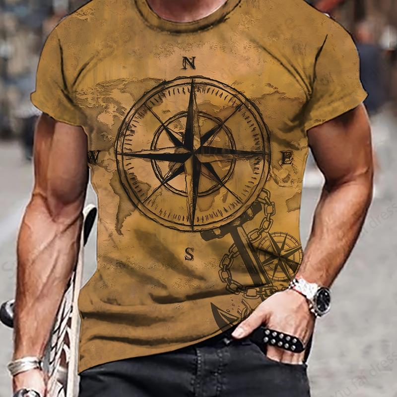 Herren T-Shirt 3D Vintage Kompass Muster 3D Druck T-Shirts Herren Damen Mode T-Shirt Hip Hop Oberteile Tees Outdoor Kleidung Männlich
