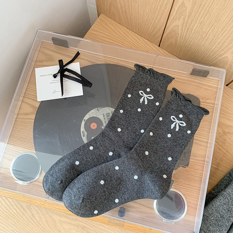 

Женские весенне-осенние милые носки с бантиком и принтом в горошек, с закрученным краем, из хлопка в рубчик 1 pair темно серый