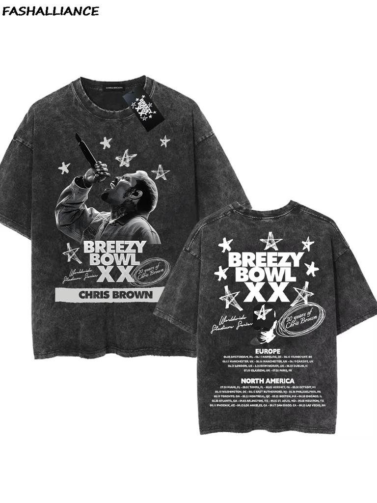 Chris Brown Tag Tshirt Breezy Bowl XX Tour Oversized T shirt Washed Vintage Cotton Hiphop Streetwear CB