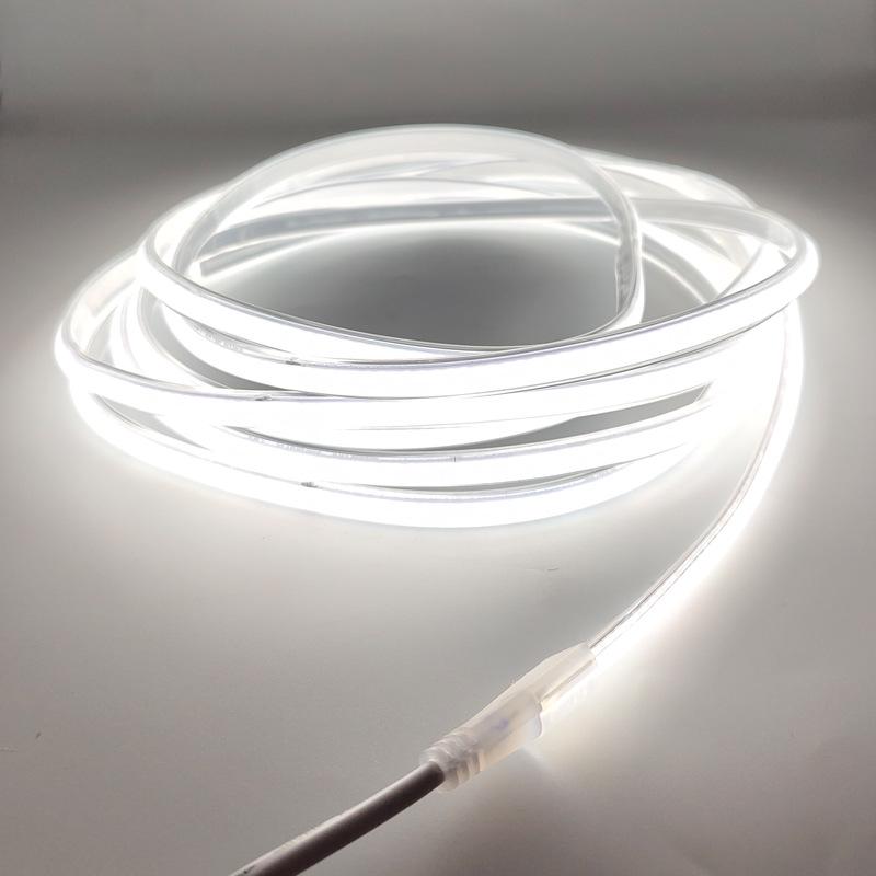 220V FCOB LED Strip with Uniform High Brightness, No Visible Beads, 10cm Cuttable, Self-Adhesive Backing