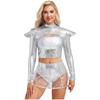 Womens Alien Costume Long Sleeve Hollow Out Cropper Top Transparent Skirt Space Themed Club Wear Outfit