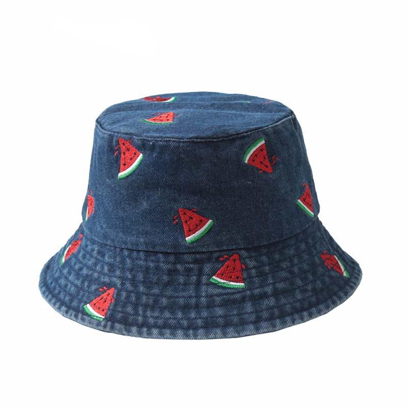 

Summer new hat women s versatile watermelon embroidered sunshade basin hat showing small face sunscreen denim bucket hat average size