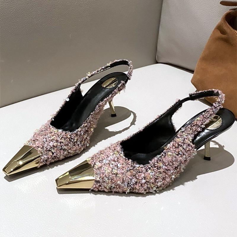 Fashion Luxury Designer Thin High Heels Women Sexy Metal Pointed Toe Heeled Sandals Summer Elegant Slingback Pumps Party Dress Shoes