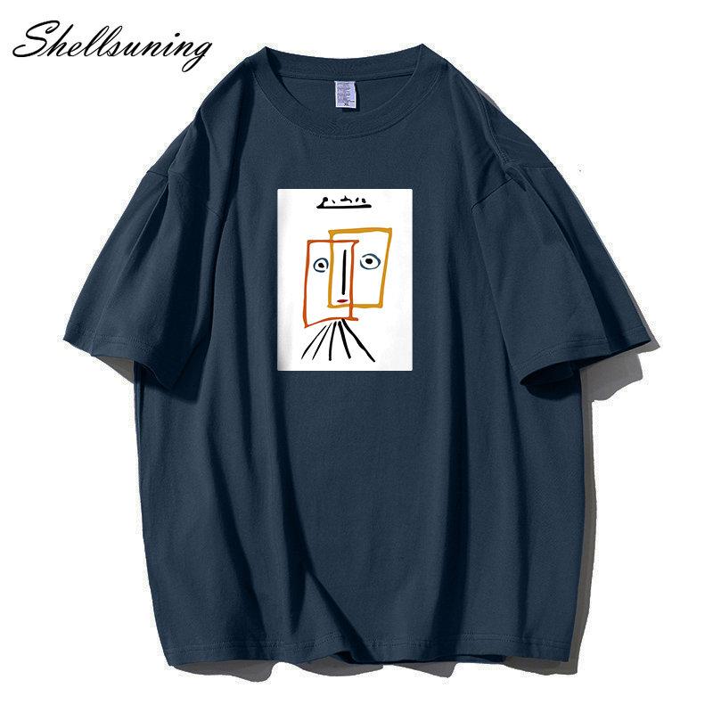 Shellsuning Cartoon Printing T-shirt Women Summer Fashion Casual Simple Short Sleeve 100% Cotton Soft Tees Female Oversized Basic Couple Tops