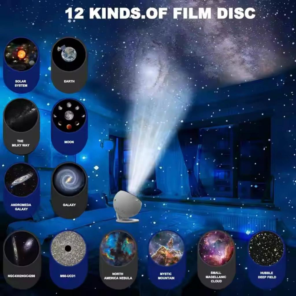 Galaxy Projector Night Light – HD Star Projector with 12 Replaceable Film Discs & Timer | Planetarium Ceiling Light for Bedroom, Kids & Adults