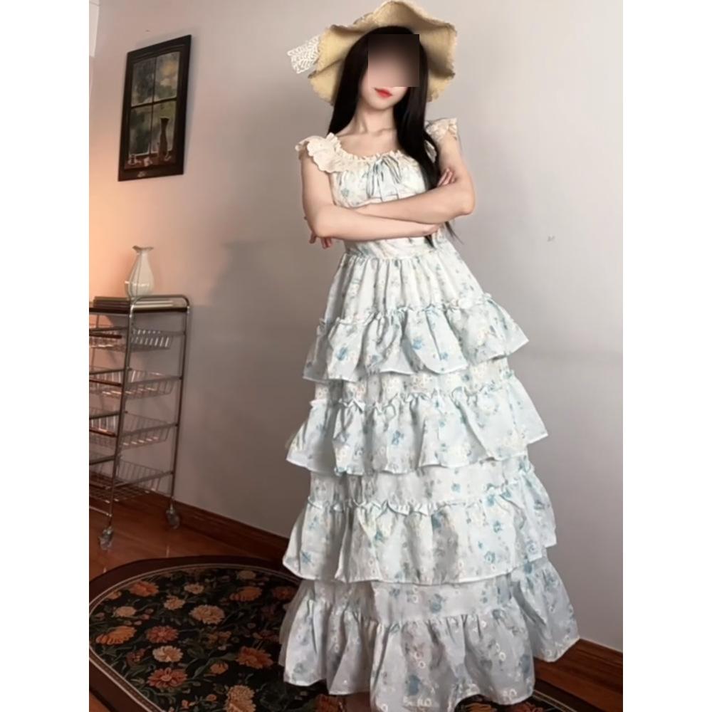 

Нежный ветер, милое платье-торт с завышенной талией, супер красивое, уникальное и красивое цветочное платье на бретелях, универсальное женское летнее XL- (recommended 110-60kg) синий