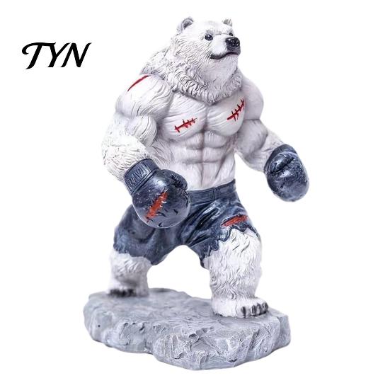 Fitness Bear Statue Resin Boxing Figurine, Muscle for Desk Decor, Realistic Brown White Sculpture Office and Home