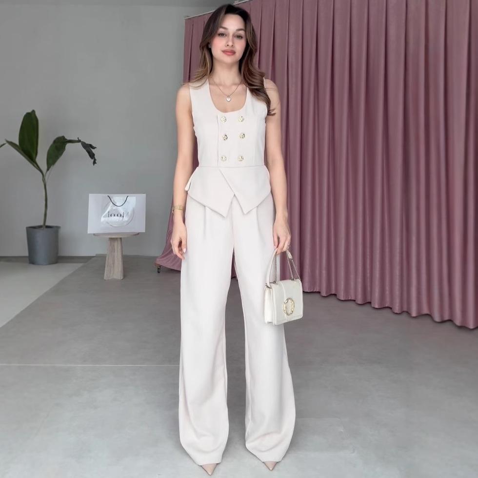 

2025 Summer European & American Women s Sleeveless Waist-Cinching French Style Vest and Pants Set Large білий