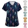 Women V Neck Short Sleeve Work Shirt Side Slits with Pockets Animal Print Top for Healthcare and Casual Use