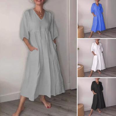 Damenkleid A-Linie V-Ausschnitt Volltonfarbe Plissee Dreiviertelärmel Kleid