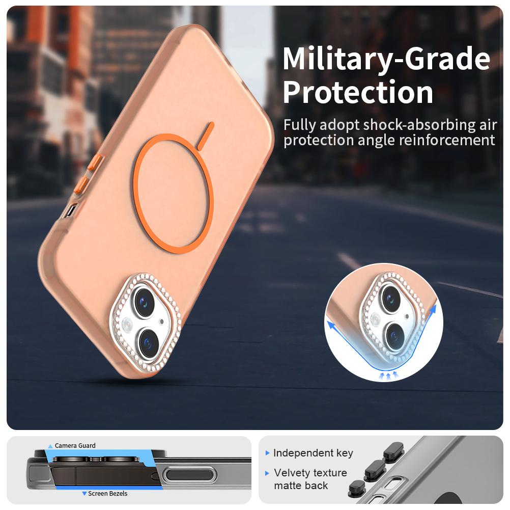 For iPhone 14/13 Case Compatible with MagSafe TPU+PC+PET Phone Cover Rhinestone Decor Lens Frame