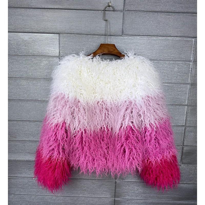 Short Faux Fur Coat Women Color Block Pink White Rose Winter Streetwear Round Neck Long Sleeve