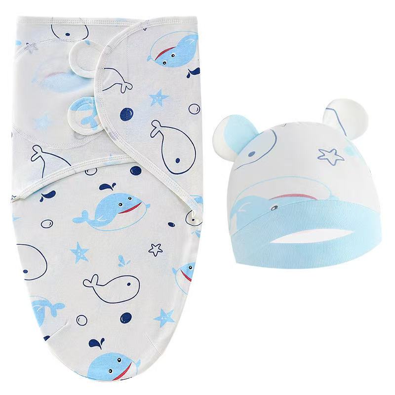 Ensemble Bonnet et Couverture pour Bébé Imprimé Dessin Animé Coton Couverture pour Nouveau-né Ajustable Couvertures d'emmaillotage pour Nourrisson Toutes Saisons 0-6 Mois pur