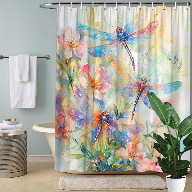 Dragonflies Garden Shower Curtain - Watercolor, Pink & Orange Flowers, Washable Polyester, 12 Hooks, 70.8x70.8 Inches