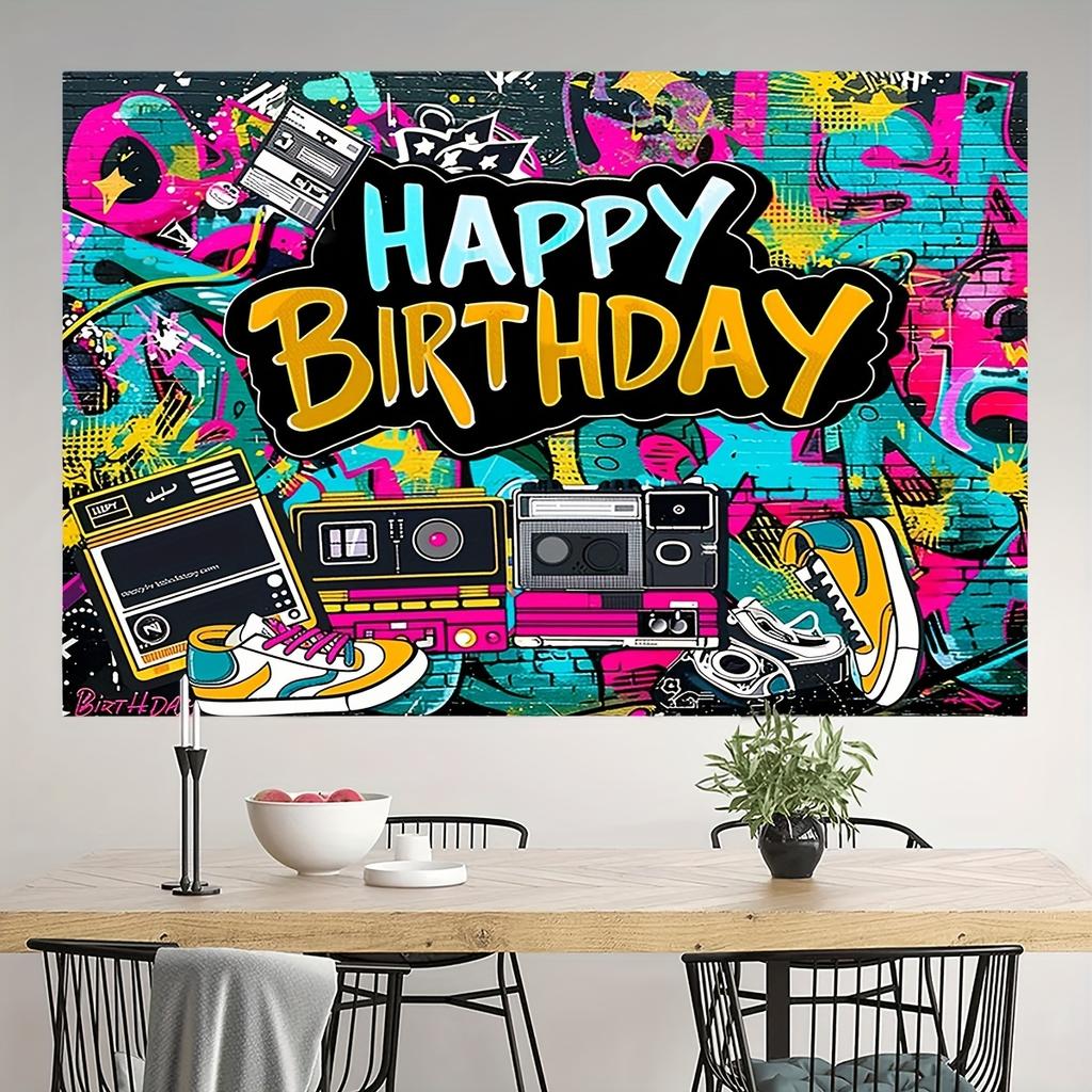 Retro Backdrop Banner - Vibrant Graffiti Design, Urban Retro Style, 80s 90s Theme, Birthday Party Cake Table Decoration