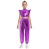 Kids Girls Hip-Hop Jazz Dance Set Mock Neck Rhinestone Mesh Patchwork Sleeveless Metallic Ruffle Crop Top with Shiny Cargo Pants