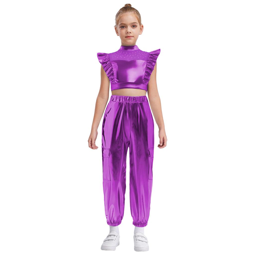 Kids Girls Hip-Hop Jazz Dance Set Mock Neck Rhinestone Mesh Patchwork Sleeveless Metallic Ruffle Crop Top with Shiny Cargo Pants