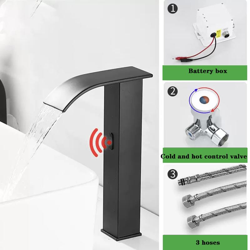 Luxury Matte Black Sensor Bathroom Faucet Cold and Hot Deck Mounted Tap Short and Tall Sink Mixer