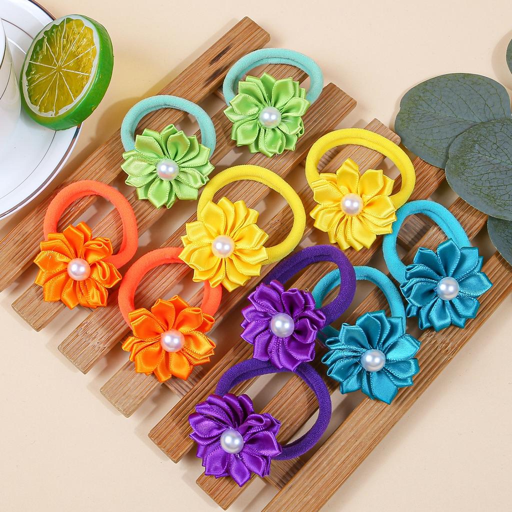 10pcs Flower Hair Ties Kids Girls Hair Bands Elastic Nylon Headband Pearl Floarl Ponytail Holder Hair Accessory for Girls
